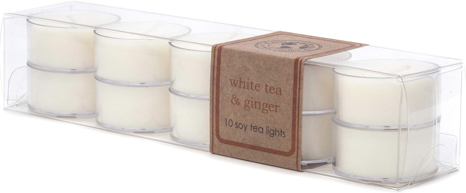 ECO CANDLE CO. Tea Light Candles, White Tea & Ginger, 10-Pack - Scents of White Tea, Spices, Citrus, Jasmine, & Ginger - Recyclable, 100% Soy Wax, No Lead, Hand Poured, Midwest Soybeans, .6 oz. Each