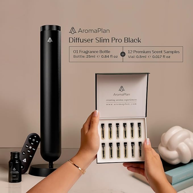 AromaPlan 5-Star Collection Cold Air Diffuser (Fragrance &Sample Set Included) –Recharchable Waterless Diffuser,Brushed Aluminum Body | Remote &Touch Control | Silent,Energy-Saving, 1-Week Battery, Bl