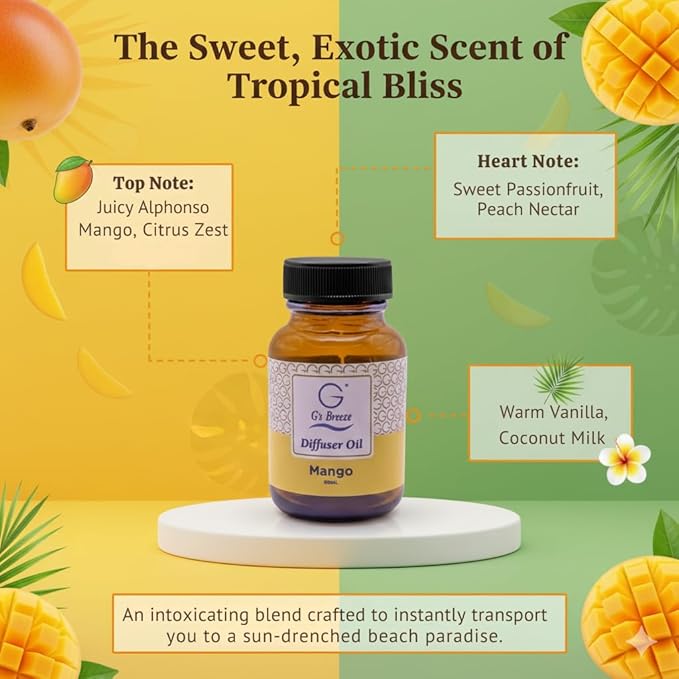 G's Breeze Mango Diffuser Oil – 60ml Soft & Soothing Mango Scent, Long-Lasting Aroma for Nurseries, Bedrooms, & Living Rooms, Easy Refill for Fragrance Oil Diffuser
