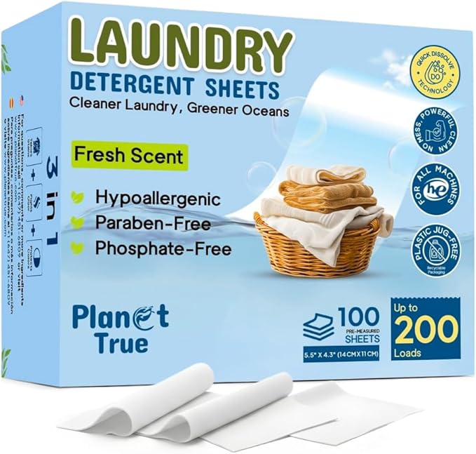 Eco-Friendly Laundry Detergent Sheets, 200 Loads (100 Sheets) Fresh Scent, Compact travel laundry sheets, Plastic-Free detergent sheet, Concentrated Laundry Solution for Hot & Cold Cycle