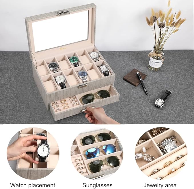 Voova Watch Jewelry Box Organizer for Men Women,12 Slot Leather Watch Storage Case Display Holder with Jewelry Drawer, Removable Watch Pillows, Large Glass Lid for Watches, Sunglasses,Rings,Wood Grey