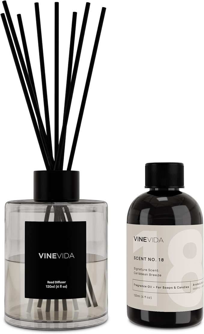 VINEVIDA Scent NO. 18 Reed Diffuser - 120mL (4oz) - Signature Scent: Caribbean Breeze, Reed Diffusers for Home, Office, Bathroom, Made in USA Scent Diffuser Sticks, Room Fragrance Diffuser