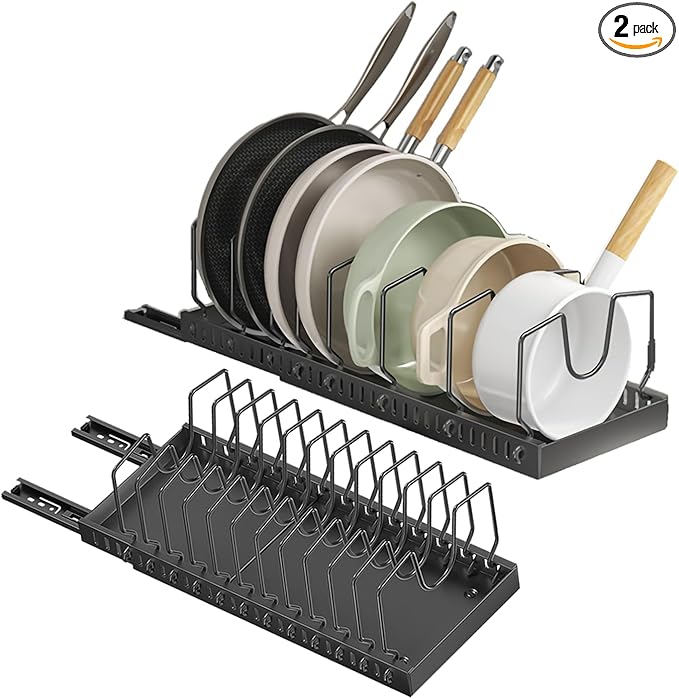 Mnftive pots and pans organizer under cabinet,pot lid organizers inside cabinet holders for kitchen,Horizontal and vertical pulling modes,cast iron storage ((2pcs) Black vertical)