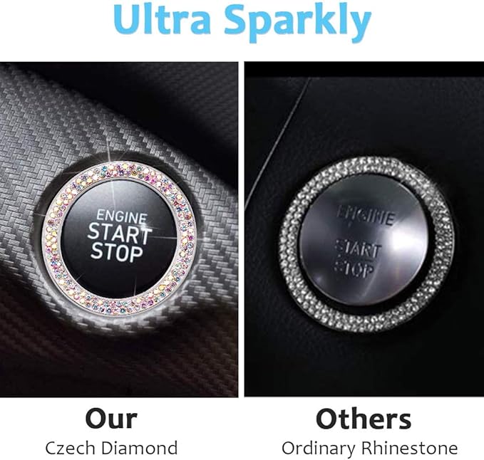 ToBeQueen Car Crystal Ring Sticker Multicolor Bling Ring Interior Emblem,2 Pcs Crystal Car Decal Start Engine Ignition Button for Women Girl Rhinestone Bling Car Accessories Colorful
