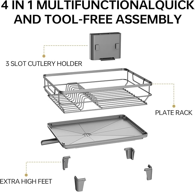 TOOLF Space-Saving Dish Drying Rack, Multifunctional Dish Rack for Kitchen Counter,Sink Dish Drainer Rack, Dishes Strainer with Drain Board & Cutlery Holder, Compact Dryer Rack,Gray