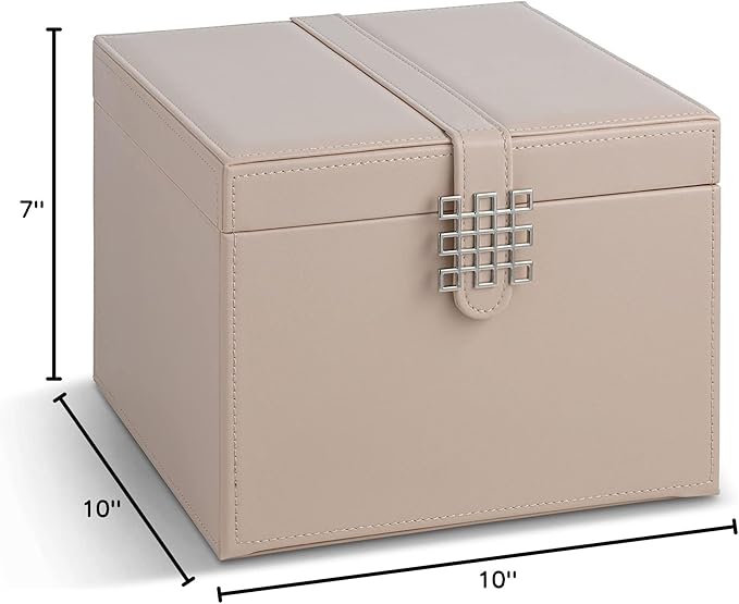 Glenor Co Earring Organizer Holder - 75 Small & 4 Large Slots Classic Jewelry Box with Drawer & Modern Closure, Mirror, 4 Trays Earrings, Ring or Chain Storage - PU Leather Case - Sand