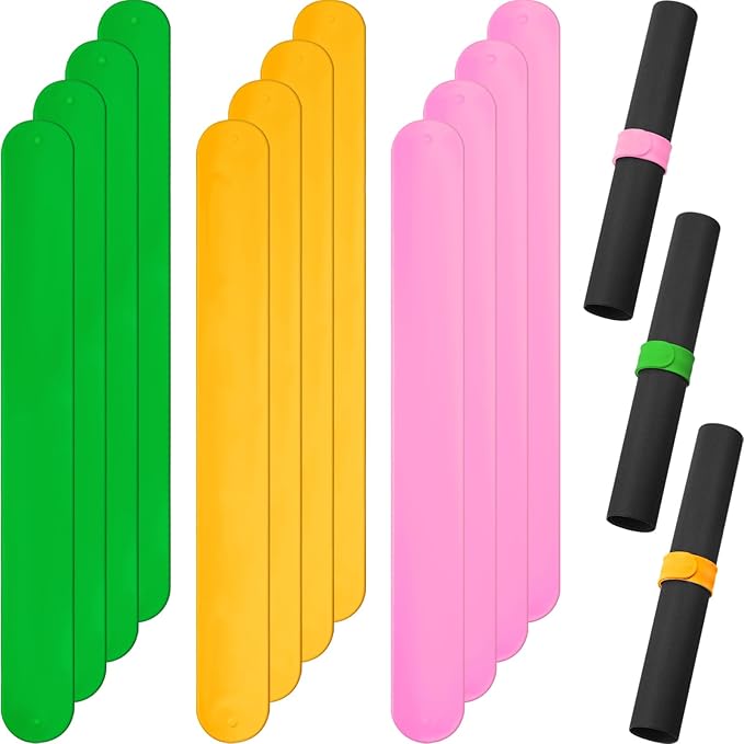 Charniol 12 Pieces Wrapping Paper Roll Holder Holiday Flip Wraps Silicone Covered Metal Strips Flip 1 x 9 Inch Stabilizer Slap Band for Poster Gift Paper Vinyl Storage Organize (Green,Yellow,Pink)