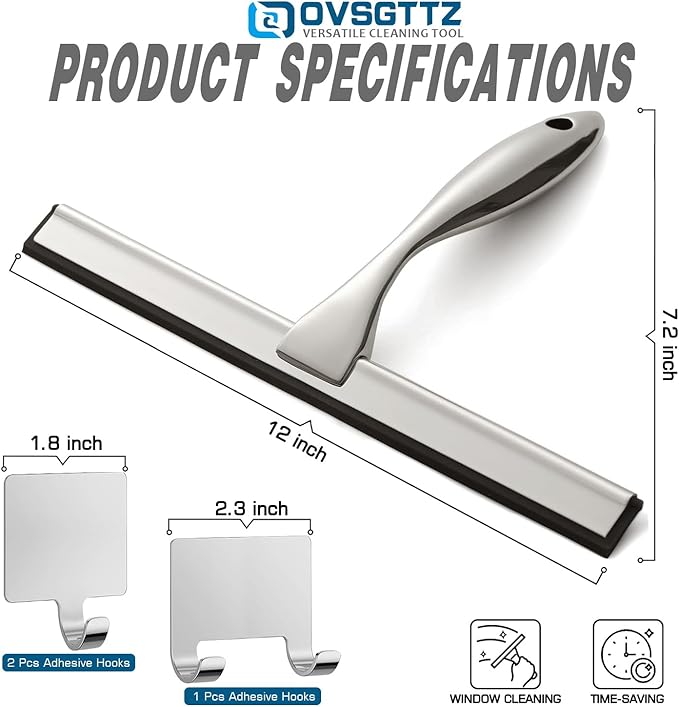 OVSGTTZ Stainless Steel Shower Squeegee for Glass, Includes 3 Adhesive Hooks, Shower Door Squeegee for Bathroom, Household Window, Car Windshield, Mirrors, Tiles Scrubber Clear, 12 inch, Silver
