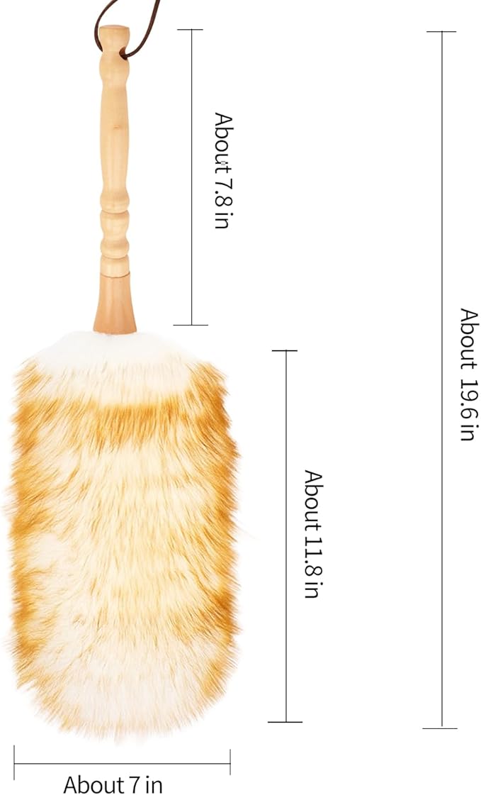 FeelfunFeather Lambswool Duster with Solid Wooden Handle,Leather Hang Strap,Comfortable Grips 19.6 inch Long Natural Feathers Dusters for Cleaning Wall Plant Desk Blind Cleaner Duster Tool