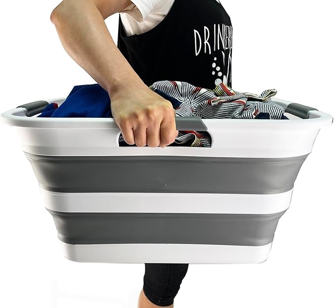 SAMMART Collapsible Plastic Laundry Basket Washing Tub Foldable Pop Up Storage Container-Space Saving/Portable Laundry Hamper. Ideal for Home, Travel, Dorm, and Camping (White/Steel Grey, 30L)
