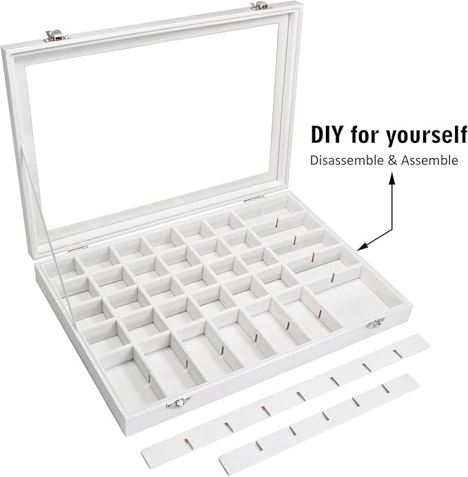 Jewelry Tray Organizer Box 48 Grid Jewelry Display Organizer Box with Transparent Lid Rings Earrings Necklaces Pendants Display Box Suitable for Women and Girls (48 Grid, White)