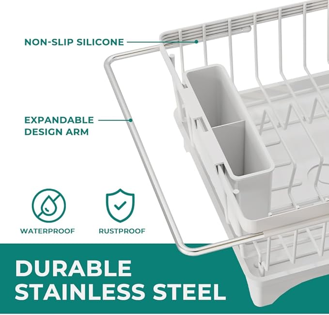 HANLE Small Dish Drying Rack in Sink, Expandable Stainless Steel Dish Drainers for Kitchen Counter, with Drain Board & Utensil Holder(White)