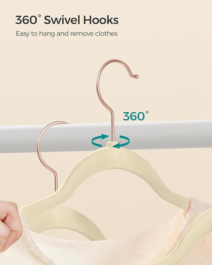SONGMICS Slim Velvet Hangers, Non-Slip Clothes Hangers with Rose Gold Swivel Hooks, Space-Saving, for Closet, 50 Pack, Sandy Beig UCRF026K50