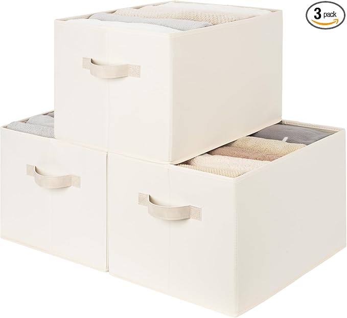 StorageWorks Storage Baskets for Shelves, Foldable Fabric Closet Storage Bins with Handles, Fabric Storage Bins Clothes Organizer, Beige, 3-Pack, Extra Large