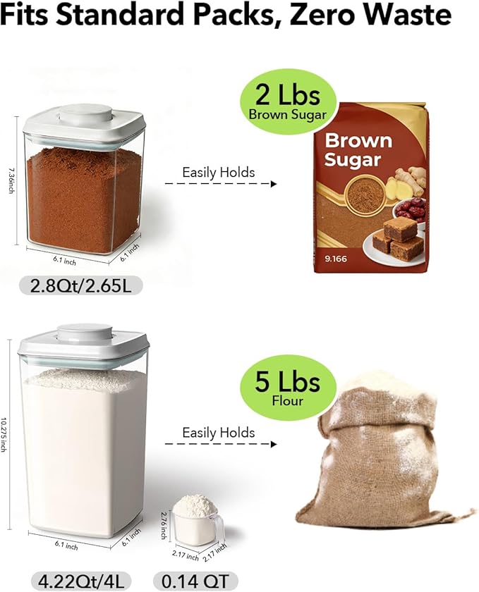 EQI Airtight Food Containers Set with One-Touch Lid, Mixed Size Set (2.8 QT / 2.65 L & 4.2 QT / 4.0 L) with Scoop, Stackable Jars for Complete Kitchen Organization.