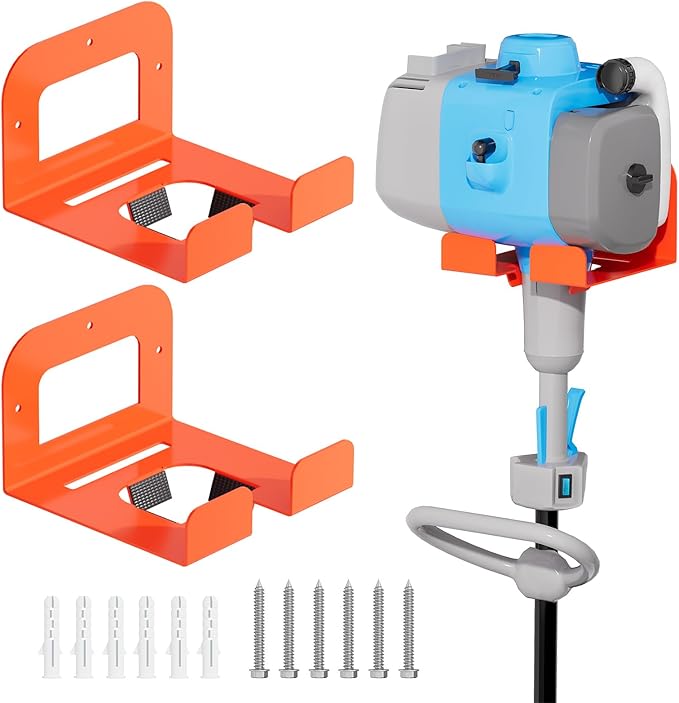 Weedeater Rack, Garage Organization Wall Hangers, Garden Tool Organizer Metal Trimmer Rack, Heavy Duty Hooks for Grass Trimmer, Hedge Trimmer, Garage Tools Storage, Orange 2-Pack