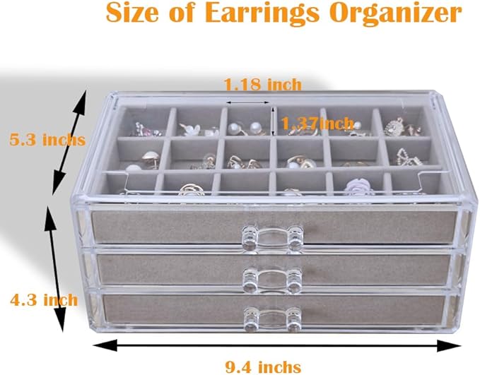 Acrylic Earring Organizer Box with 3 Drawers Clear Stud Earrings Holder Organizer with Velvet Trays Stackable Jewelry Organizer Box 54 Grids Earring Display Case for Women Girls (Grey)