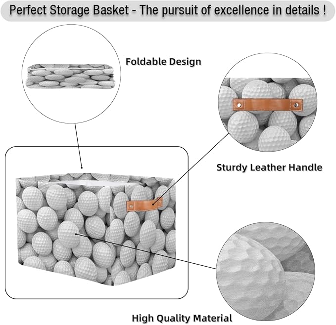Golf Storage Basket for Shelves, Storage Bins with Handles, Collapsible Basket for Organizing, Closet Toy Baskets for Nursery Room, 15x11x9.5 in, Canvas, White Golf