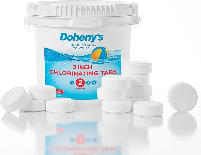 Doheny’s 3-Inch Stabilized Chlorine Tablets for Sanitizing Swimming Pools | 99% Pure Tri-Chlor, 90% Available Chlorine | Long-Lasting, UV-Protected, Slow-Dissolving | Individually Wrapped 25lb Bucket