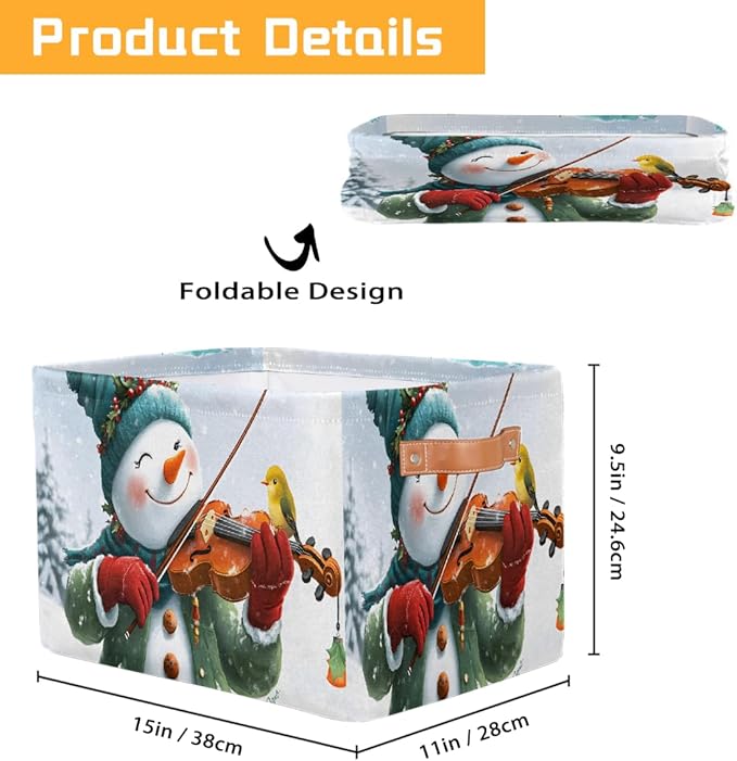 Storage Baskets Bin, Christmas Winter Snowman Collapsible Canvas Fabric Storage Bin Decorative Baskets Toy Organizer Rectangle Storage Boxes with Handles for Home Shelves Nursery, J-020