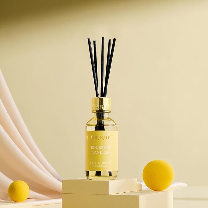 Airkeep Reed Diffuser Set, 3.38 fl oz (100 ml) - Bourbom Vanilla Oil Diffusers with 8 Reed Sticks, Home Fragrance Reed Diffuser for Bathroom Shelf Decor