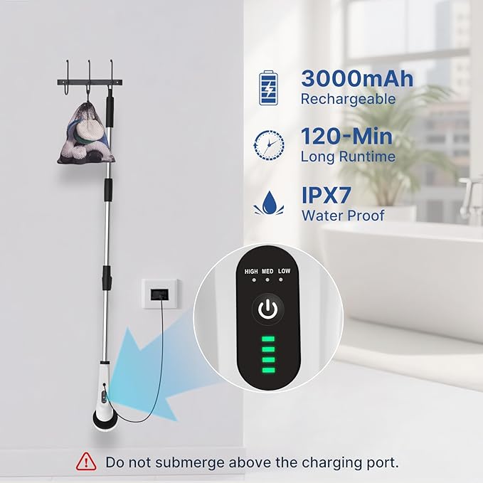 8 in 1 Electric Spin Scrubber for Cleaning Bathroom, 3000mAh Power Scrubber Cordless Cleaner with Long Handle, 3 Speeds Bathtub House Clean Brush Deep Cleaning for Tile, Shower, Wall, Floor