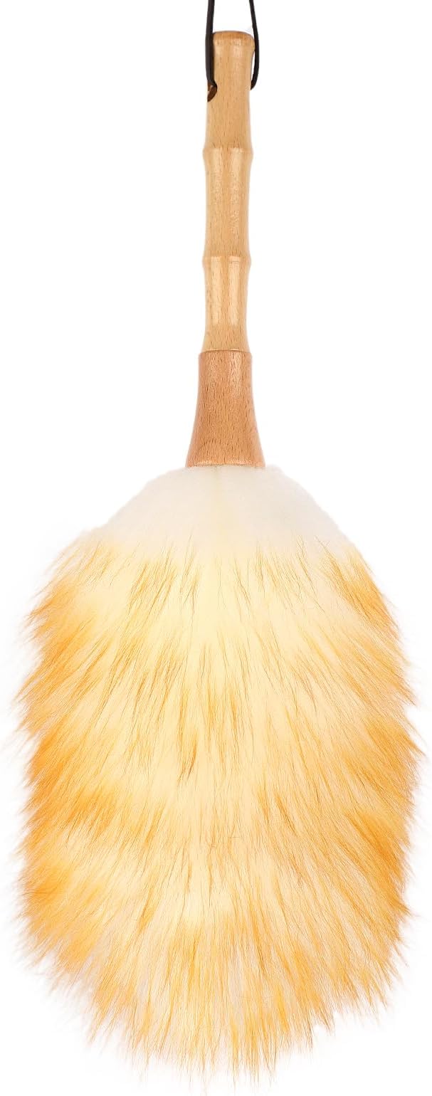 FeelfunFeather Feather Duster, Lambswool Duster for Cleaning,with Solid Wooden Handle,Leather Hang Strap,Anti-Static 14.9 inch Washable Reusable Small Hand Duster(Natural) for Office, Home and Car