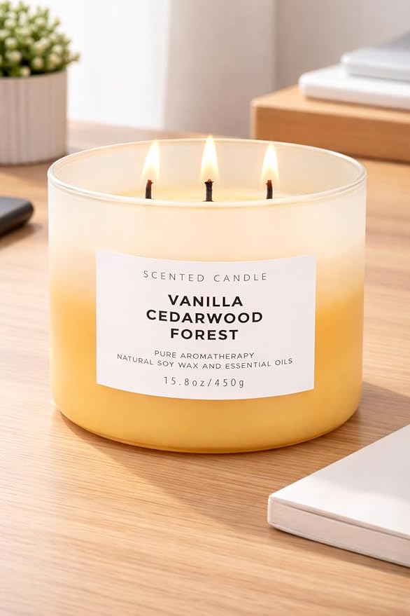 Vanilla Cedarwood Candle 3 Wick Soy Candles for Home Scented, Large 15.8oz Warm Cozy Vanilla Cedar Woods, Relaxing Aromatherapy Candle, Long Lasting Clean Burn, Living Room Bedroom Spa Gift