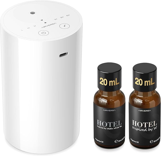 Airversa Waterless Essential Oil Diffuser Starter Kit with 2x20mL Hotel Fragrance Oils for Car Home Office, Up to 600 sq ft, Cordless Nebulizer Baterry Operated, Mist & Timer Settings AN8Kit-3, White