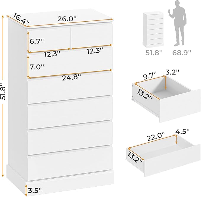 Hasuit Tall Dresser with 7 Drawers for Bedroom, 51.8'' High Chest of Drawers Storage Organizer for Closet, Modern Taller Clothes Storage Tower with Ample Storage Space