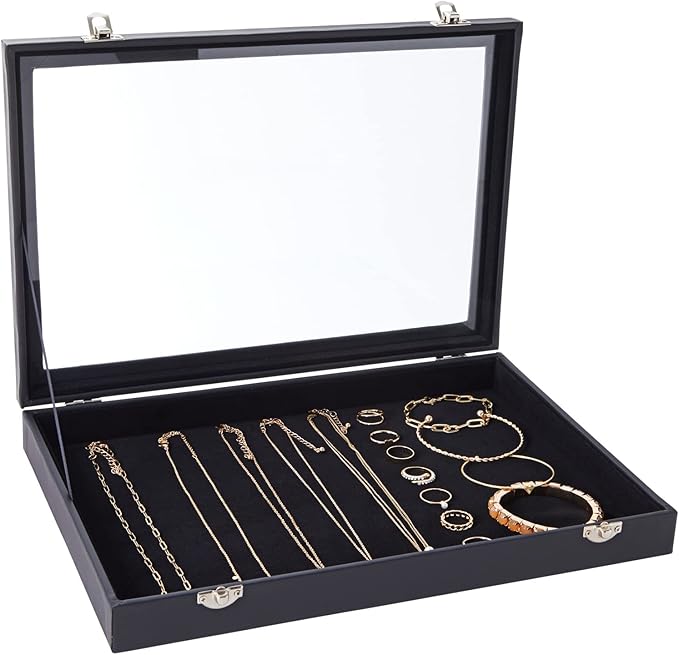 Juvale Black Velvet Jewelry Display Case Tray - 13.75 x 9.5 x 2 In - Glass Top Jewelry Box & Organizer