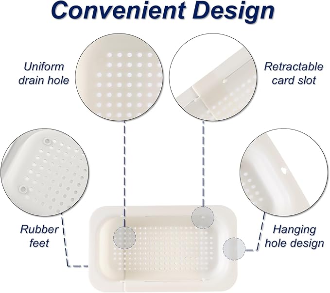 YUNKWONG Extendable Sink Colander Strainer Basket - Wash Vegetables and Fruits, Drain Cooked Pasta and Dry Dishes - Adjustable Over the Sink Colander Collapsible Drainer Basket - White