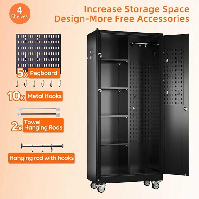 17.7" D×33.5" W×70.87" H Broom Closet Storage Cabinet with Wheels and Pegboard,Garage Storage Cabinet with Doors,Adjustable Shelves for Garage Home,Required Assembly,Black