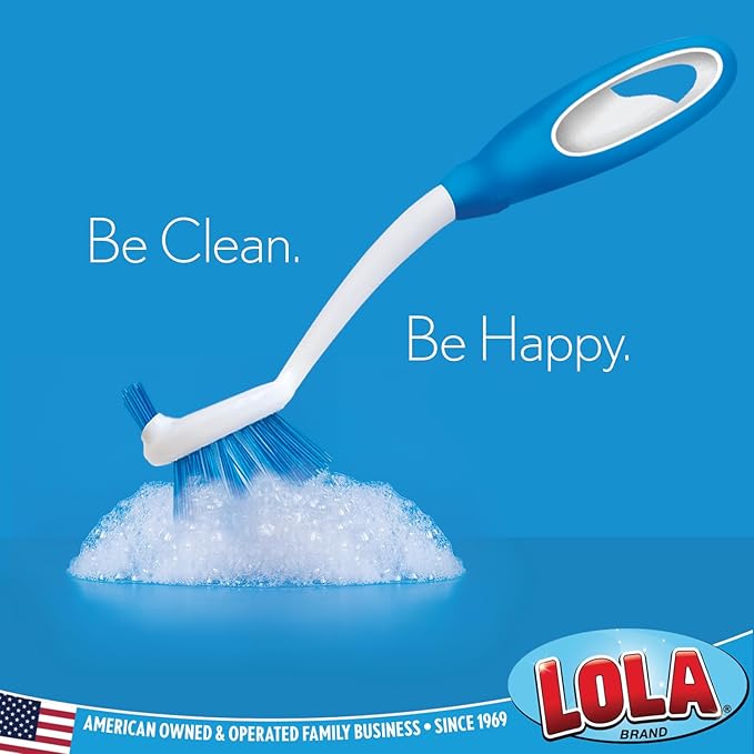 Dish Brush Kitchen Scrubber, 6 Pack, by LOLA, Has Stiff Bristles & Food Scraper, Comfort No-Slip Grip Handle, Safe for Non-Stick & Coated Cookware