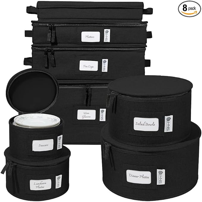 China Storage Hard Shell Containers 8-Piece Set Moving Boxes for Dinnerware, Glasses, Plates, Mugs and Saucers Sturdy Dish Organizer with Dividers for Seasonal Storage - Service for 12 - Black