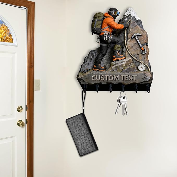 Custom 2D Flat Print Mountaineer Themed Wall Hooks for Mountaineering Enthusiasts Men Women Personalized Name Mountain Theme Key Holder Mountain Theme Key Rack for Living Room Hallway Office Bedroom