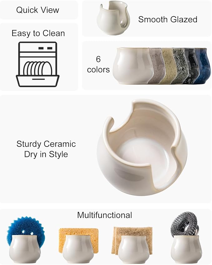 Zoeeker Sponge Holder for Kitchen Sink Counter, Ceramic Dish Sponge Caddy White Sink Organizer Dish Rack Farmhouse Brush Holder for Bathroom, Kitchen, White