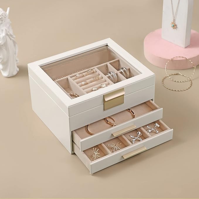 Jewelry Box Organizer for Women,3 Layers PU Leather Jewelry Storage Display Box with Glass Lid,Gift for people,3 Drawers,Large Capacity for Necklace Earrings Bracelets Rings,White