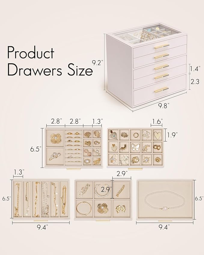 Vlando Jewelry Box for Women Girls,Jewelry Organzier,5 Drawers,Glass Lid Jewelry Organizer Storage for Gem Diamond Necklaces Rings Earrings Bracelets Apricot White