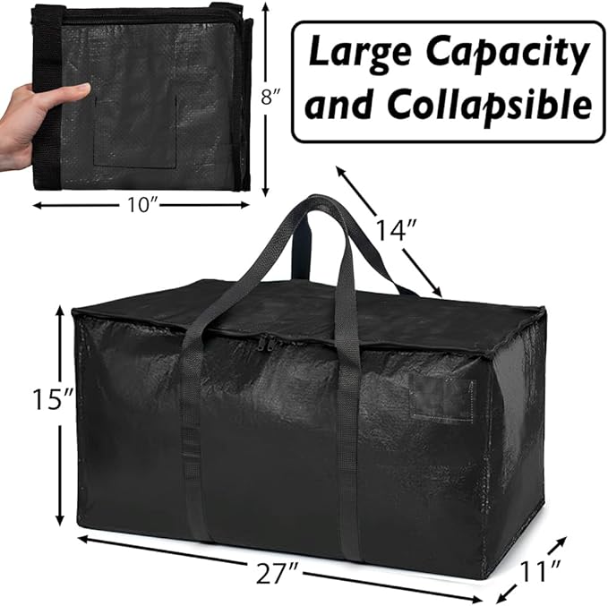 ClearSpace Heavy Duty Moving Bags or Storage Bags – Black Storage Bins with Lids, Large Moving Boxes with Backpack Straps & Zippers,– Packing Box & Moving Supplies for College Dorm, 8 Pack