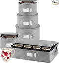 China Storage Hard Shell Containers 5-Piece Set Moving Boxes for Dinnerware, Glasses, Plates, Mugs and Saucers Sturdy Dish Organizer with Dividers for Seasonal Storage - Service for 12 - Gray