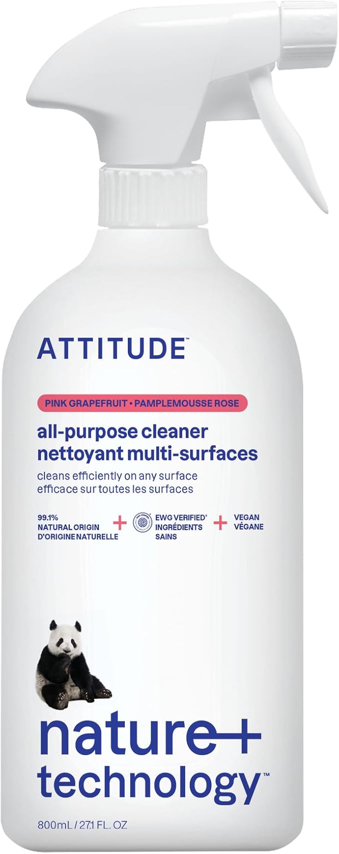 ATTITUDE All Purpose Cleaner Spray, EWG Verified, Vegan, Made with 94% Plant-Based Ingredients, Streak-Free for Kitchen, Bathroom, Glass & More, Pink Grapefruit Scent, 27.1 Fl Oz
