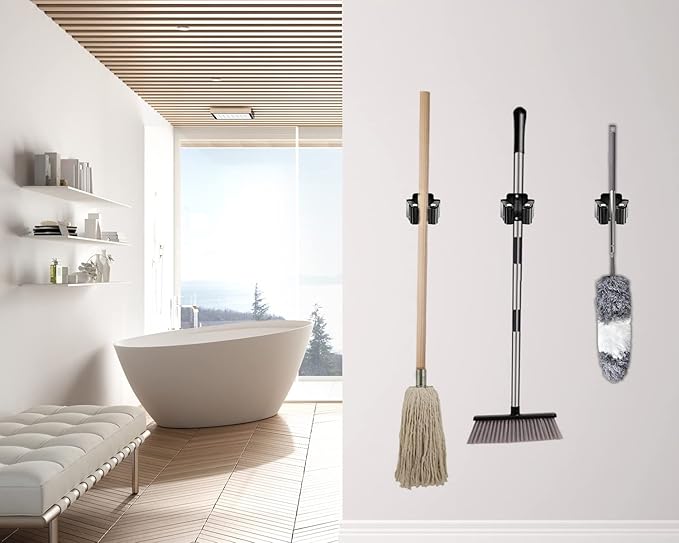 Verdenu 6 Pack Broom Holder, Stainless Steel Command Broom Holder with Screws, Garden Tool Rack for Kitchen, Home, Bathroom, Garage Storage, Black