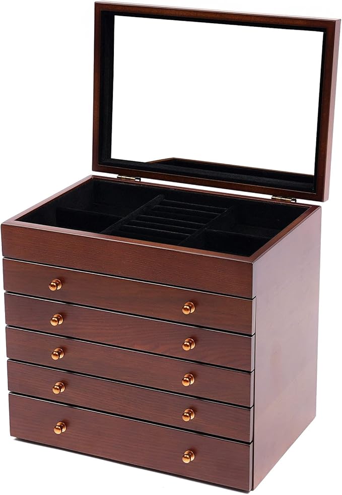 Eapmic Extra Large 6 Layers Wooden Jewelry Box Jewelry Case Cabinet Armoire Ring Necklacel Gift Storage Box Organizer(6 Layers,W/mirror,Style 2)