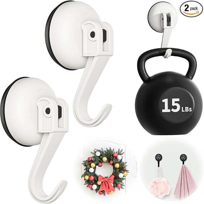 Suction Cup Hooks for Door Wreaths, 2 Pcs Removable & Reusable Christmas Wreath Hangers for Front Doors, No Drill Heavy Duty Vacuum Shower Hooks for Window Bathroom Towels RV Home Storage Hooks(White)