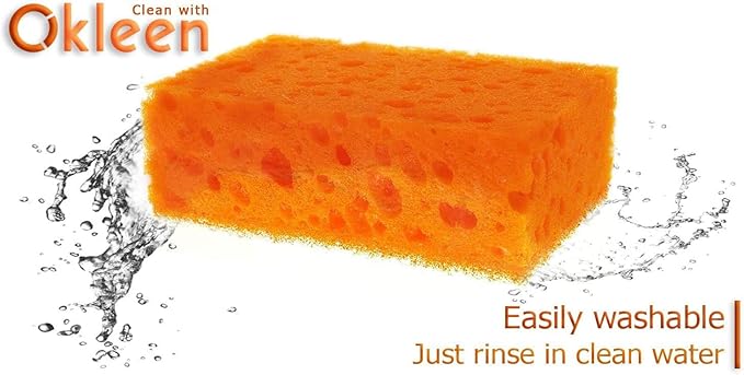 Okleen Orange Multi Use Scrub Sponge. Made in Europe. 9 Pack, 4.3x2.8x1.4 inches. Odorless Heavy Duty and Non Scratch Fiber. Durable and Delicate Scrubber for Dirty Surfaces in Kitchen, Home, Outdoors
