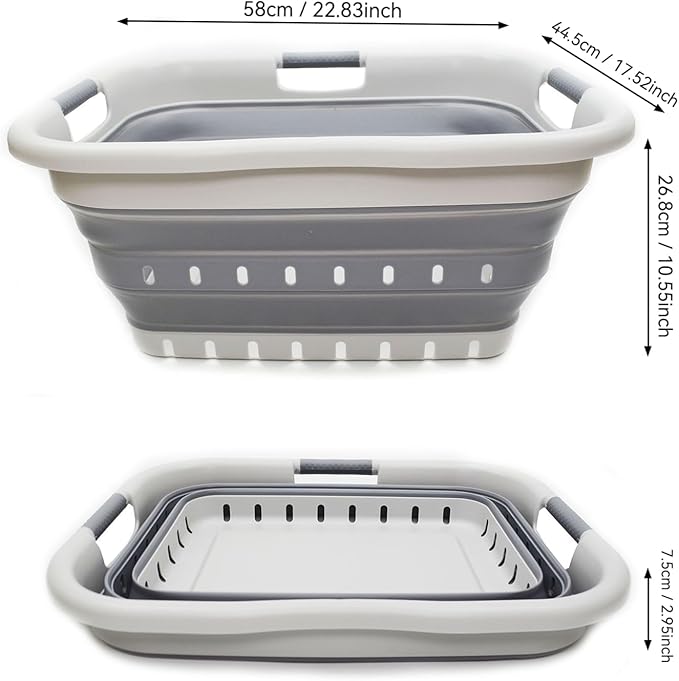 SAMMART 41L (10.8 gallon) Set of 2 Collapsible 3 Handled Plastic Laundry Basket-Foldable Pop Up Storage Container/Organizer-Space Saving Hamper/Basket (2, Grey/Dark Grey)