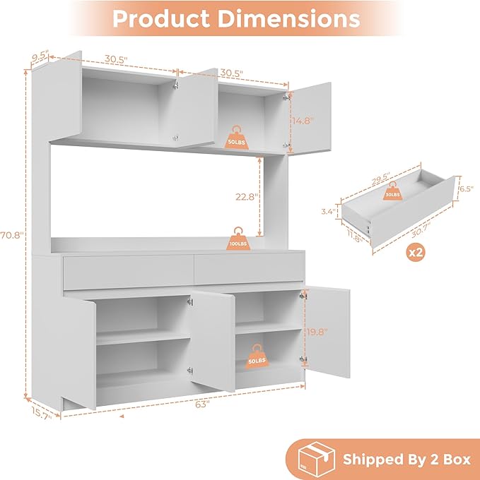 71" Kitchen Pantry Cabinet, Kitchen Hutch with Microwave Stand, Buffet Cabinet with Large Storage Drawers for Dining Room (White)