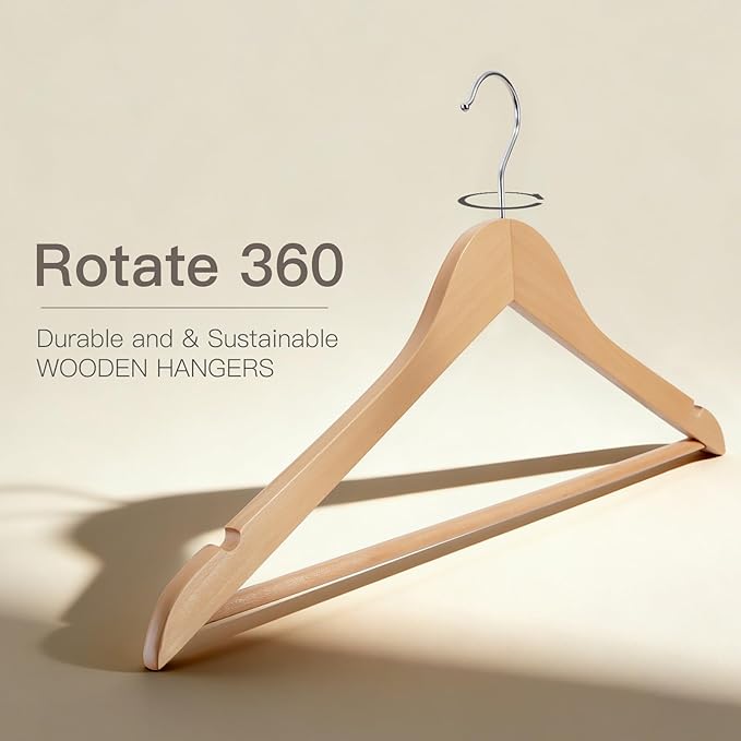 Wooden Hangers 90 Pack,Heavy Duty Solid Wooden Clothes Hangers with Pant Bar,360-Degree Rotatable Hook,Durable & Slim Wood Hangers for Coats,Jackets,Dress,Pants(Natural)