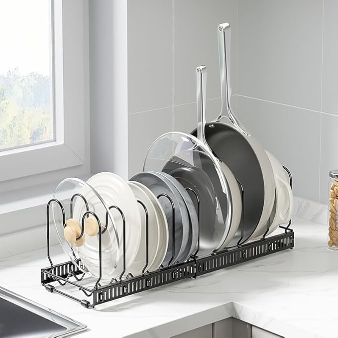 Expandable Pots and Pans Organizer Rack, Pot Lid Kitchen Cabinet Organizer Holder with 10 Adjustable Compartment, Kitchen Cabinet Organizer for Pots, Pans, Lids & Bakeware, Countertop Storage